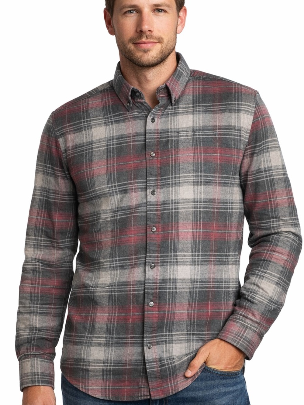 Jackson Hole brand long-sleeve flannel shirt gray red tartan plaid pattern